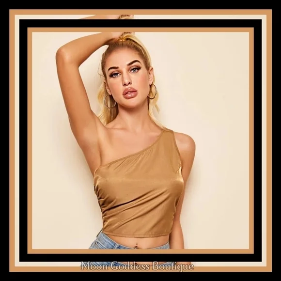 Shein ✦ Satin Gold One-Shoulder Cropped Top ✦ XS Side Zip Asymmetric Silky NWT - Picture 6 of 10